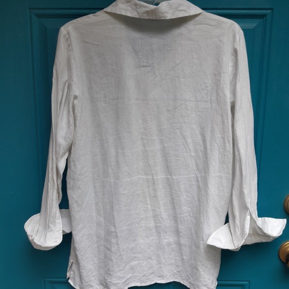 Linen Shirt Vintage White Button Down Blouse Irish Linen Embroidered Accent - Picture 14 of 16